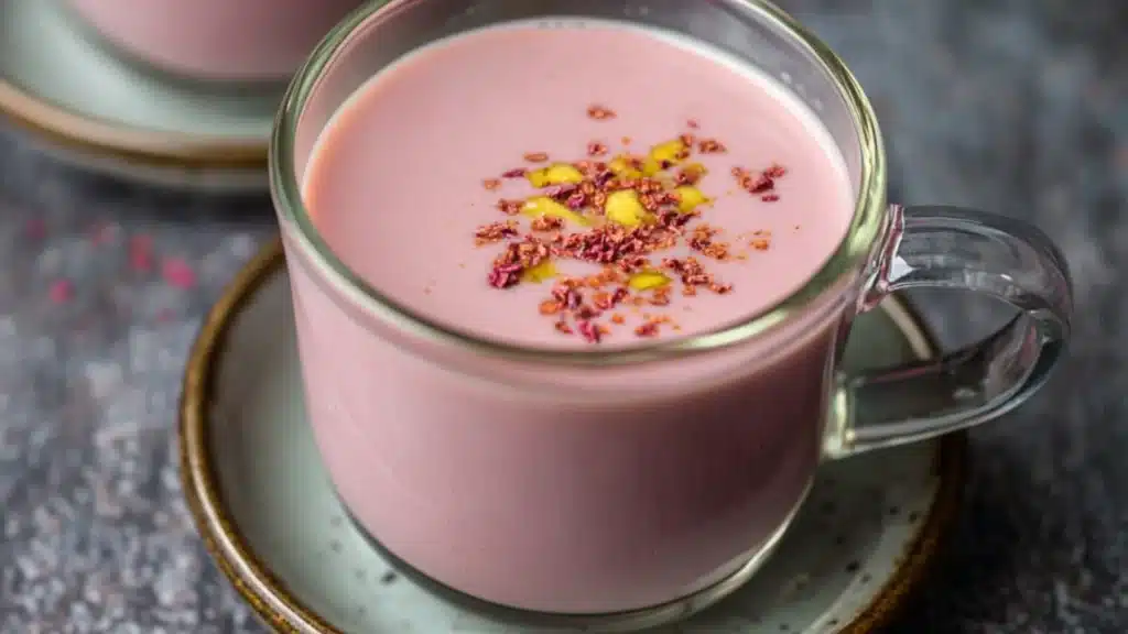 pink chai is served in a cup with cinnamons on top and the words authentic kashmiki pink chai above it