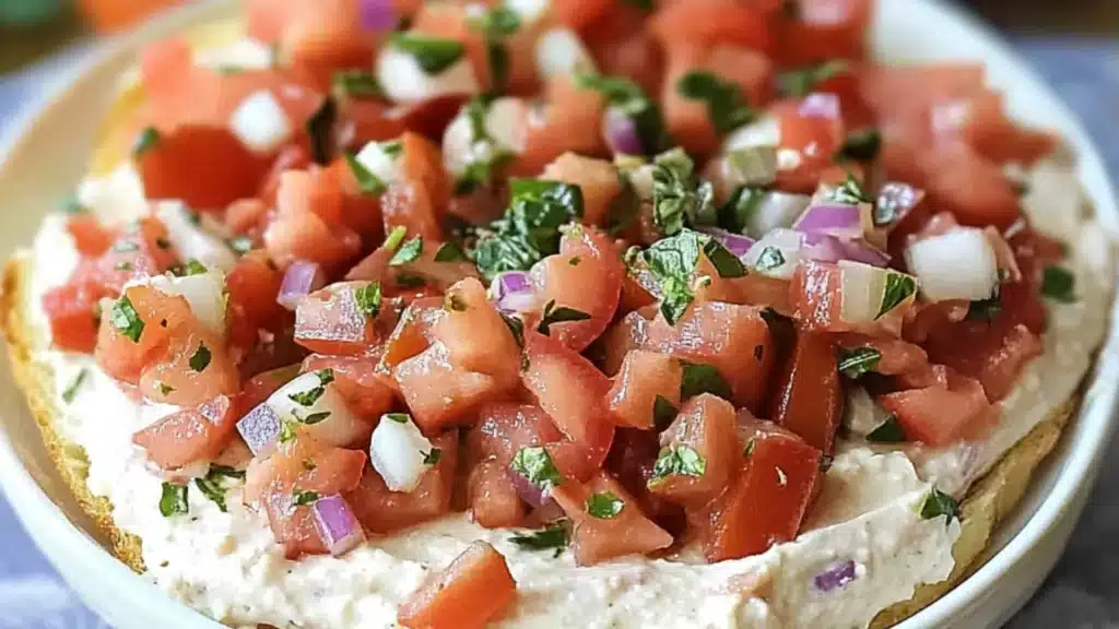 two pictures with the words bruschetta dip on them and an image of tortilla chips