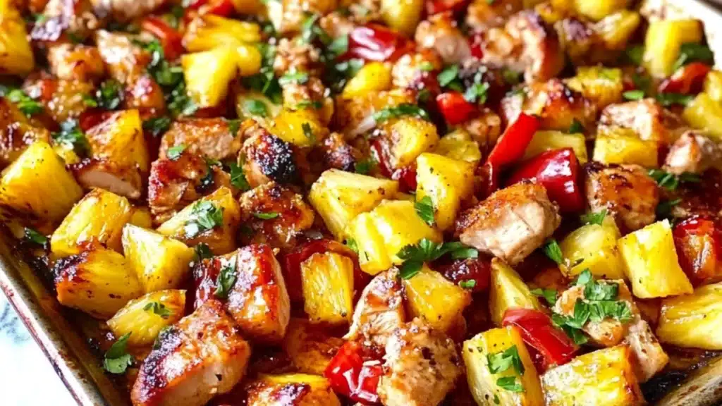 hawaiian chicken sheet pan with pineapples and peppers