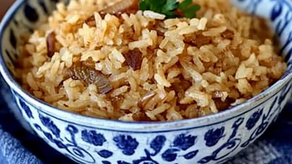 delicious french onion butter rice in a skillet