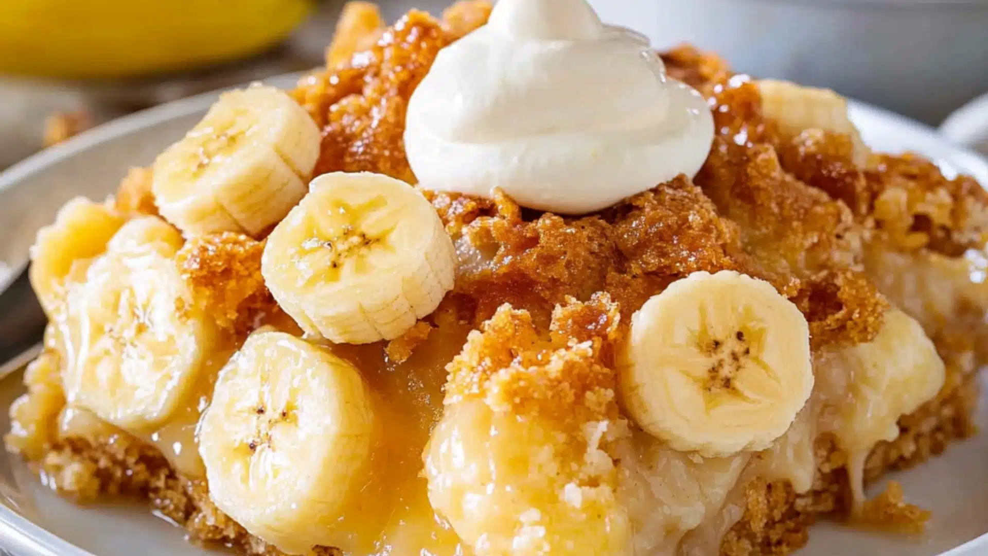 a close up of a plate of food with bananas and whipped cream on it next to a glass of milk