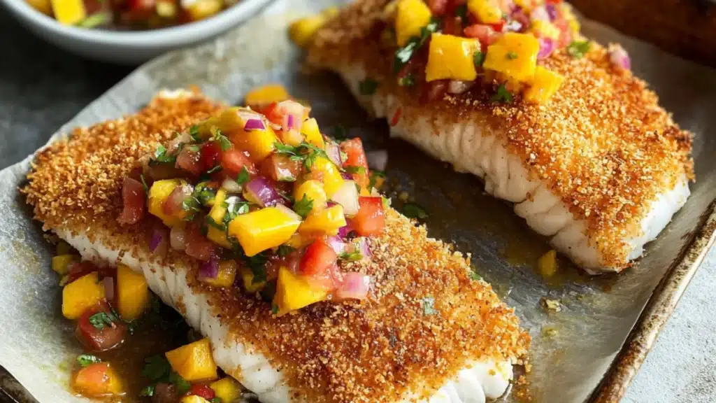 coconut crusted fish with mango salsa - light and flavorful