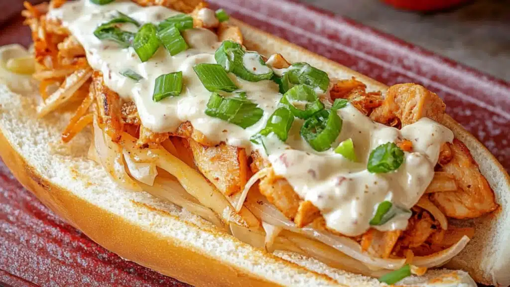 two buffalo chicken cheesesteak sandwiches on a cutting board