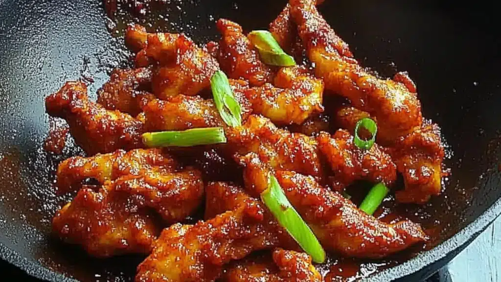 the cover of dragon chicken on a white plate with chopsticks and green onions