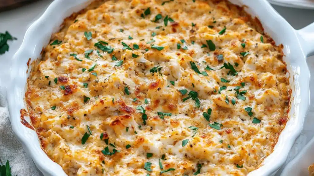 a close up of a casserole dish with bread on the side and text overlay that reads, maryland crab dip made by a true marylander