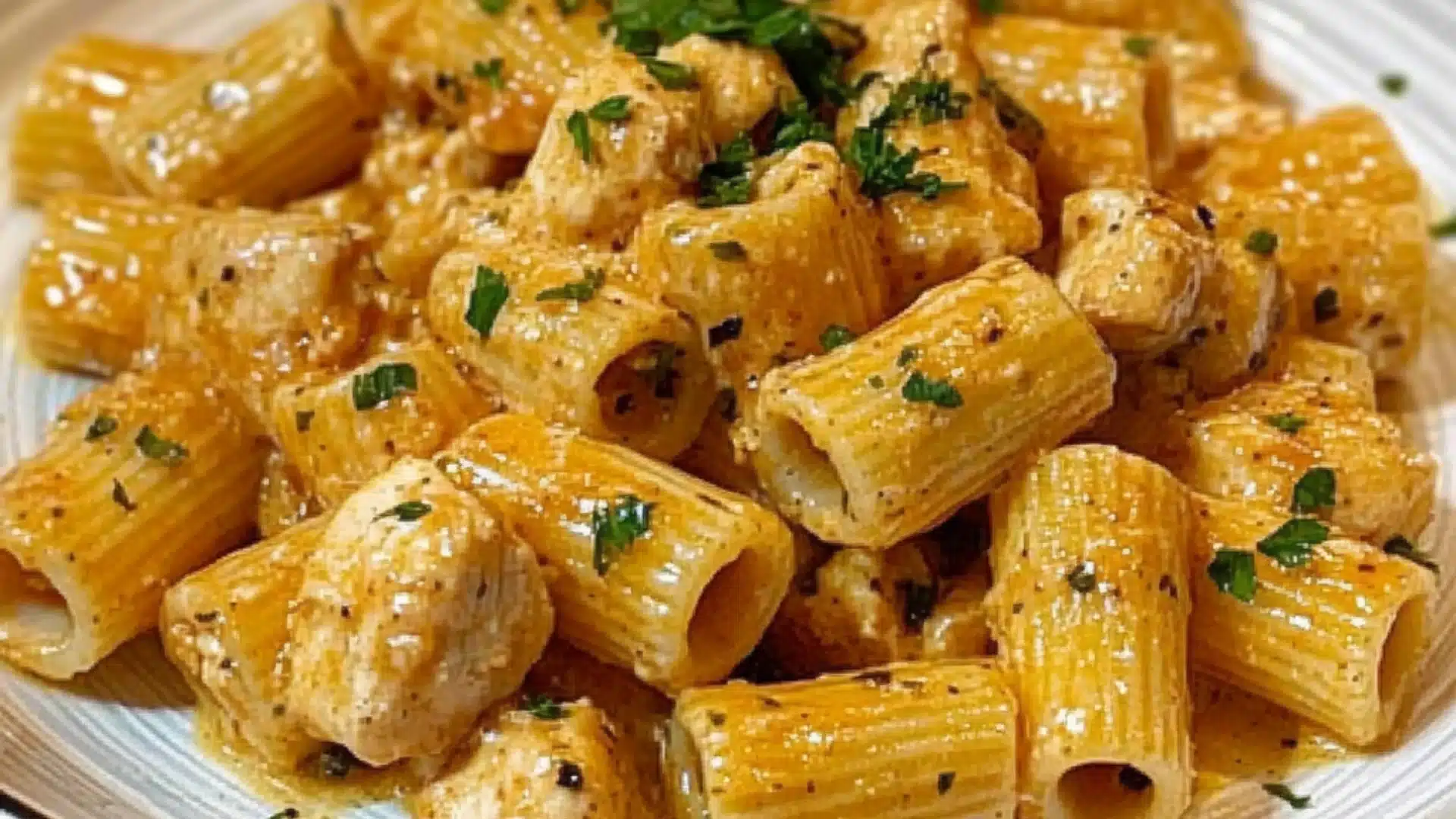 garlic butter chicken with rigatoni and parmesan pasta in a black bowl
