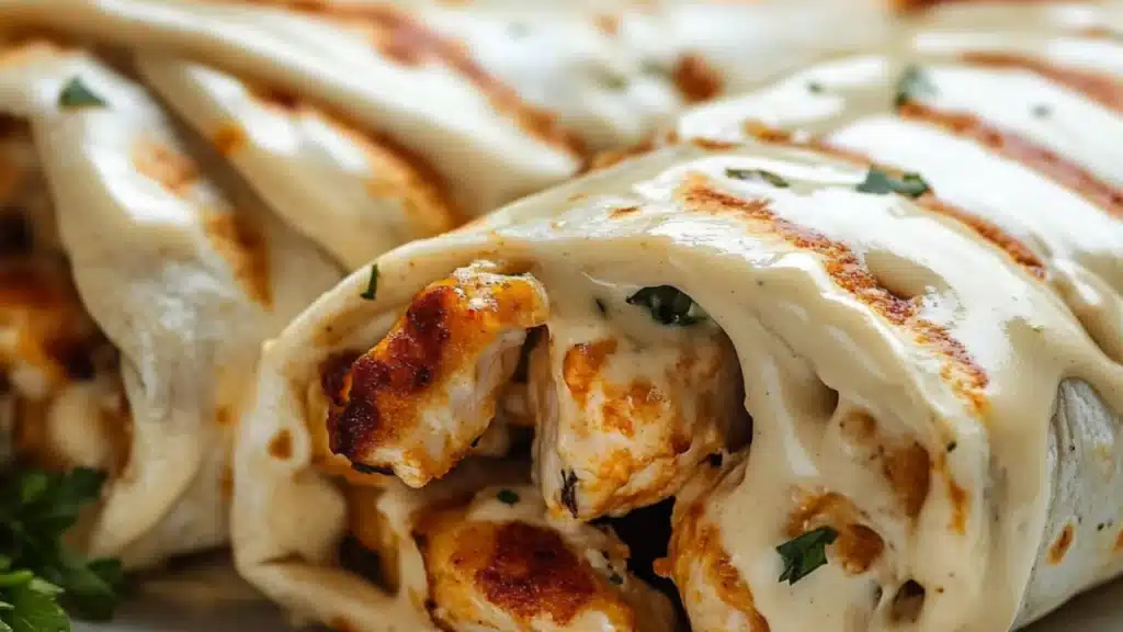 chicken wraps stacked on top of each other with the words cheesy garlic chicken wraps