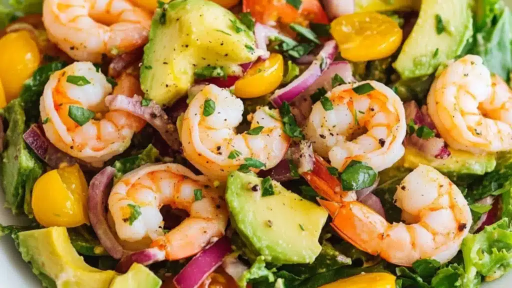 shrimp salad with avocado and cilantro in a white bowl
