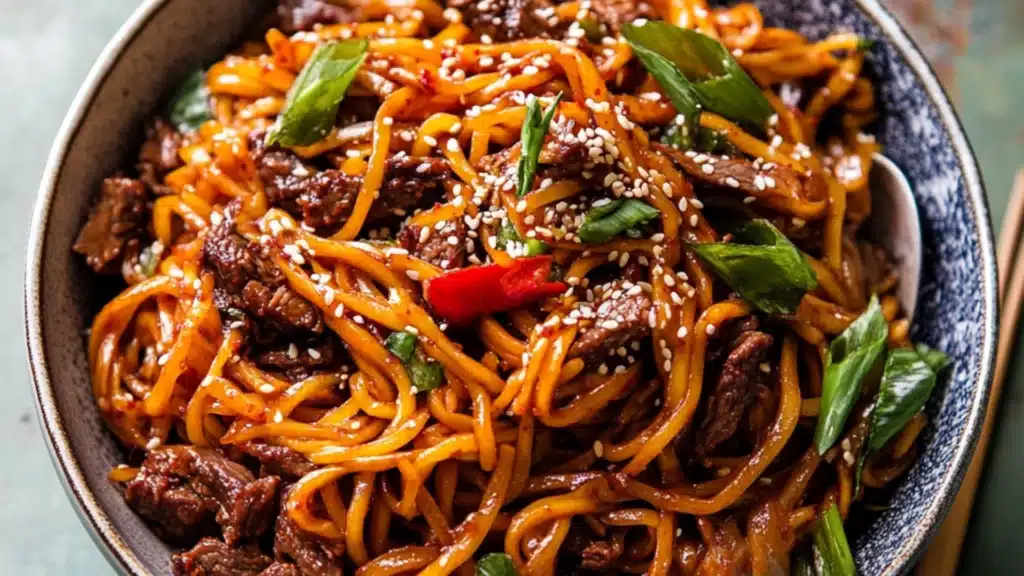 a bowl filled with noodles and meat on top of a white tablecloth next to chopsticks