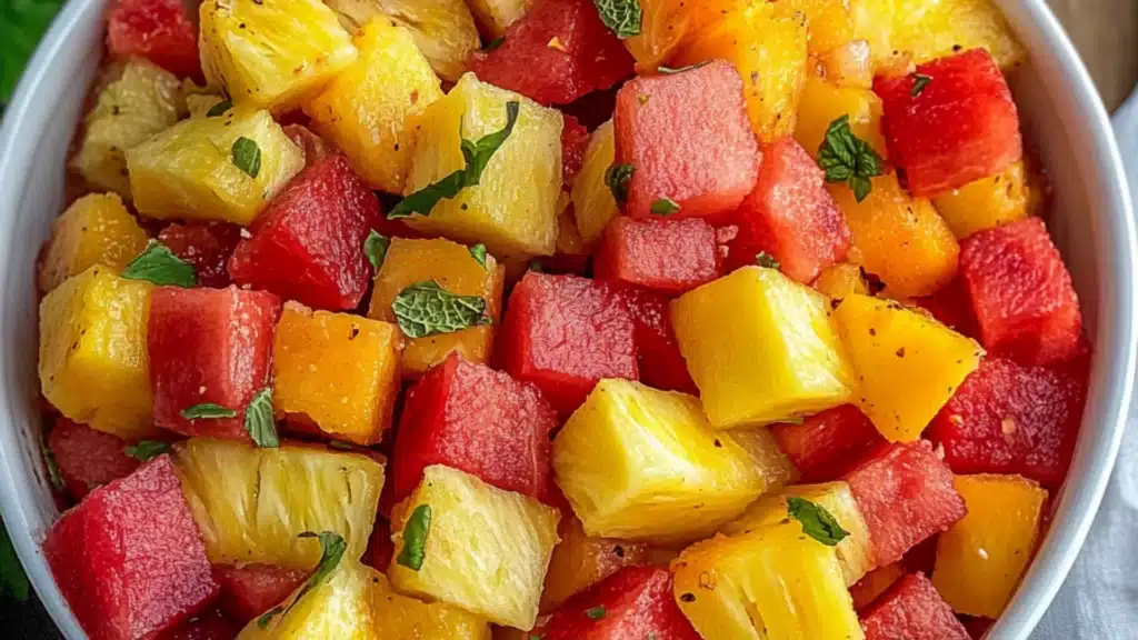 watermelon pineapple salad on a white plate