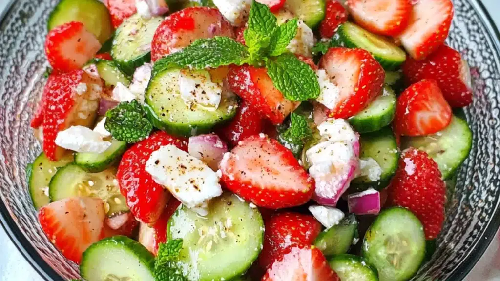 two bowls filled with strawberries and cucumber salad next to lemon wedges