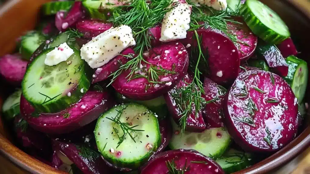 beet salad with feta, cucumbers and dill in a white bowl