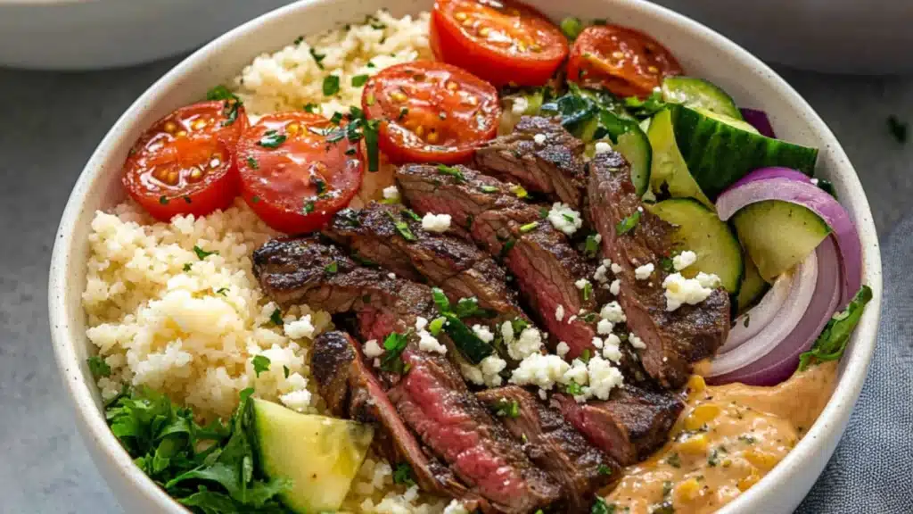 steak bowls with tomatoes, cucumbers and other vegetables