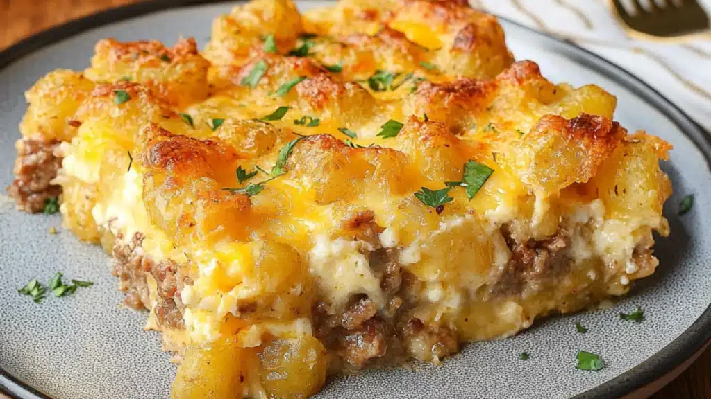 tater tot sausage breakfast casserole in a white dish on a wooden table