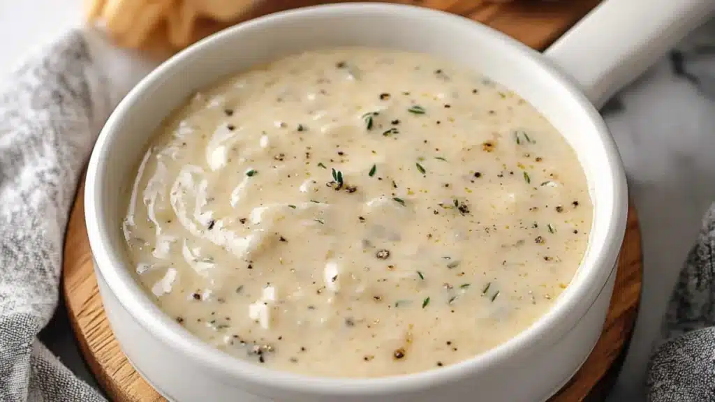 creamy garlic parmesan sauce on a spoon in a casserole dish with text overlay