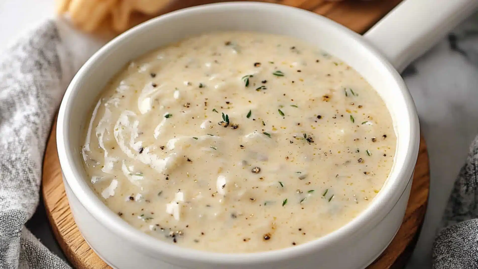 creamy garlic parmesan sauce on a spoon in a casserole dish with text overlay