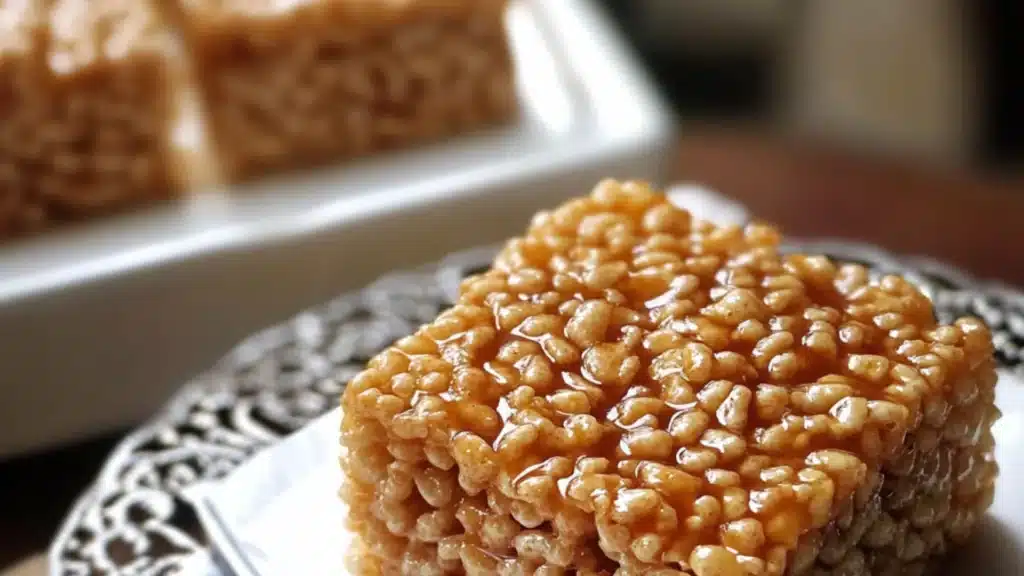brown butter, dulce de leche rice krispie treats are stacked on top of each other