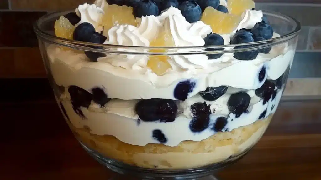 blueberry lemon trifle is an easy dessert that's ready to be eaten
