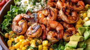 the shrimp is being drizzled with dressing