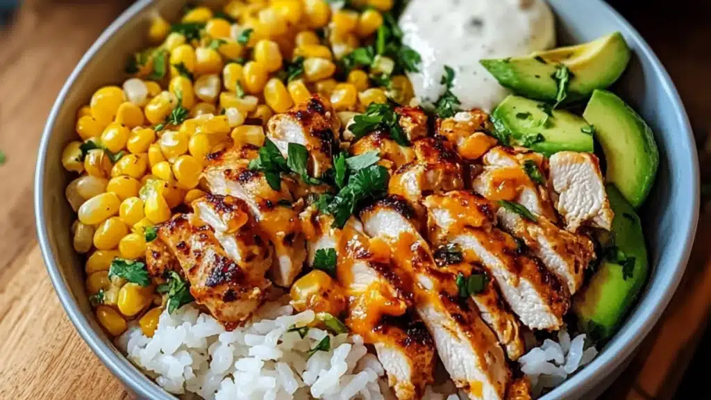 two pictures of chicken and corn with ranch dressing on top, and the words street corn chicken rice bowl