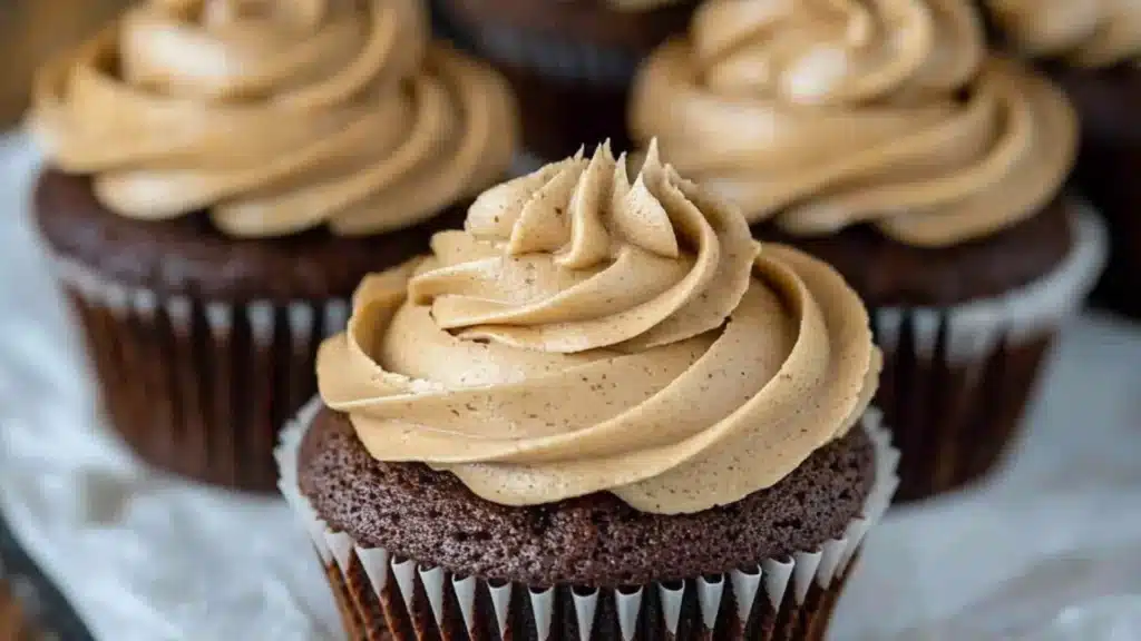 chocolate cupcakes with coffee buttercream on top