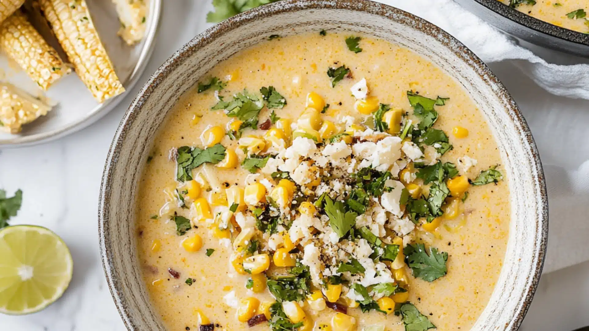 mexican street corn soup in a white bowl
