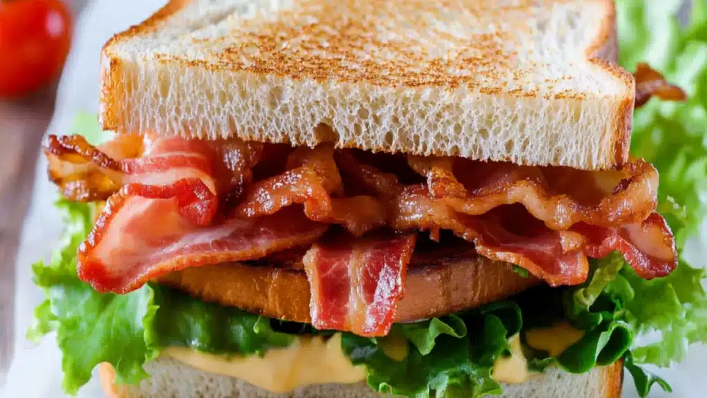 bacon sandwich with cheese and lettuce on it is shown in two different images