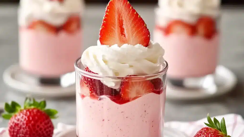 strawberry mousse with whipped cream and fresh strawberries