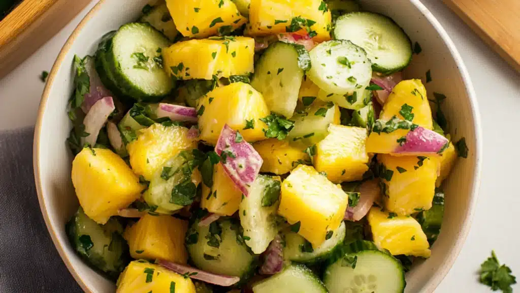 pineapple cucumber salad in two white bowls with green lettering on the side