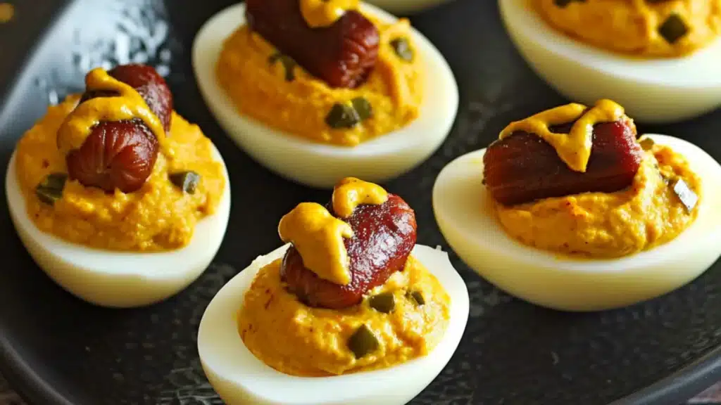 deviled eggs with hotdogs and mustard on them sitting on a black tray