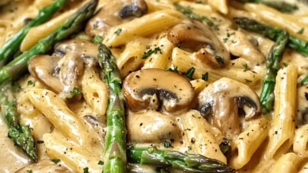 a bowl full of mushroom and asparagus pasta with the title overlay reads how to make mushroom chicken penne recipe