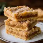 three different views of caramel butter bars on a wooden table with text overlay