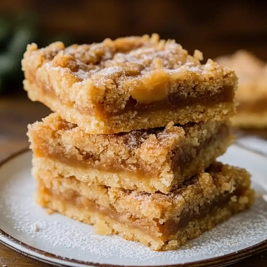 three different views of caramel butter bars on a wooden table with text overlay