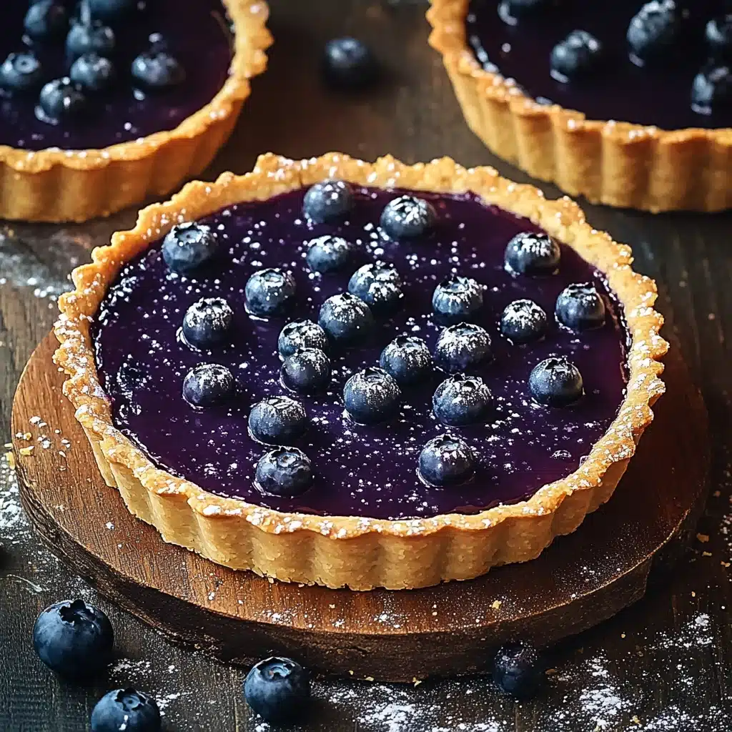 blueberry ganache tarts with fresh blueberries on the side and text overlay