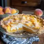 peaches and cream pie in a casserole dish with text overlay that reads peaches and cream pie
