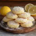 lemon coconut cheesecake cookies stacked on top of each other