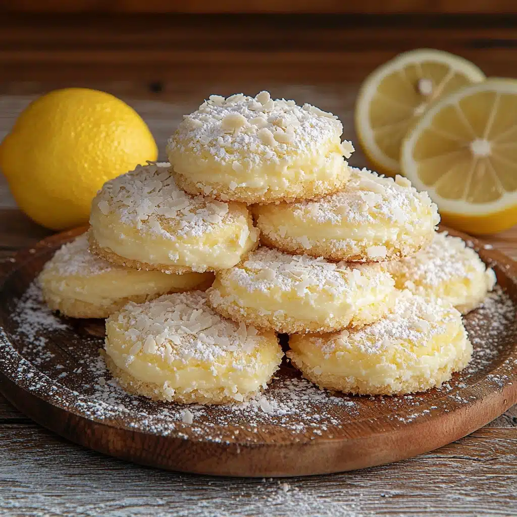 lemon coconut cheesecake cookies stacked on top of each other