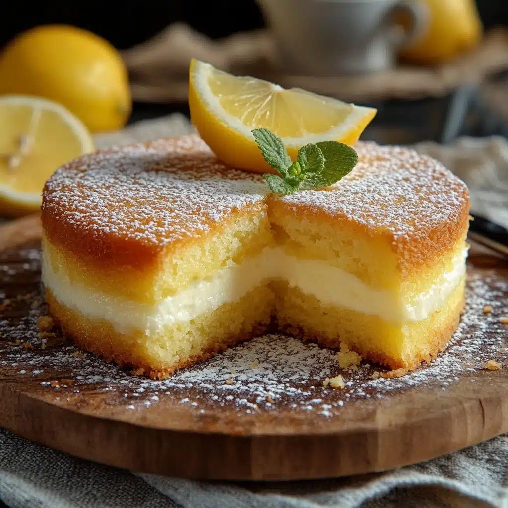 lemon custard cake with powdered sugar on top and sliced in half to show the layers