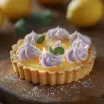 A close-up of mini lemon tarts with lilac-colored meringue swirls
