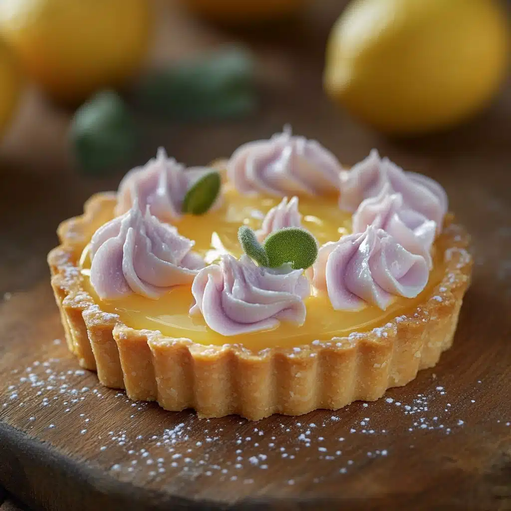A close-up of mini lemon tarts with lilac-colored meringue swirls