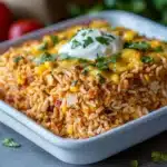 a spoon scooping out some food from a casserole dish with corn on it