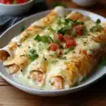creamy shrimp enchiladas in a white casserole dish with text overlay