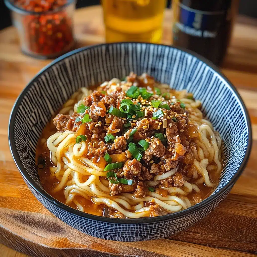 a bowl of noodles with meat and green onions
