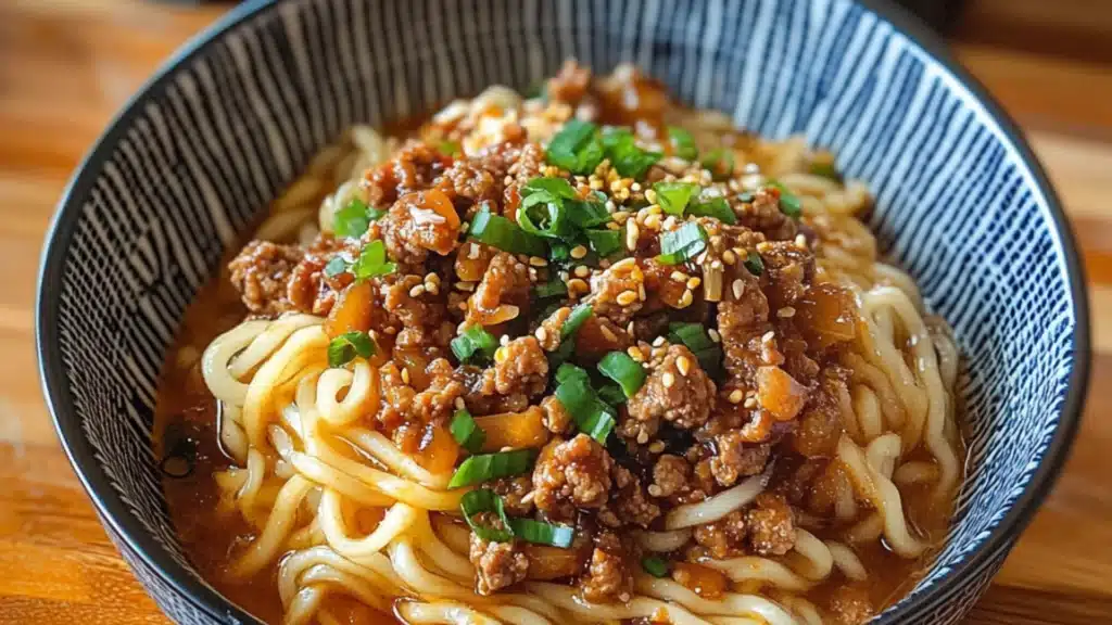 a bowl of noodles with meat and green onions