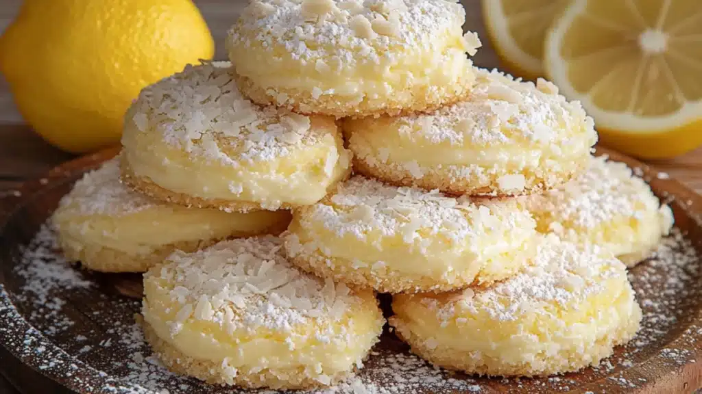lemon coconut cheesecake cookies stacked on top of each other