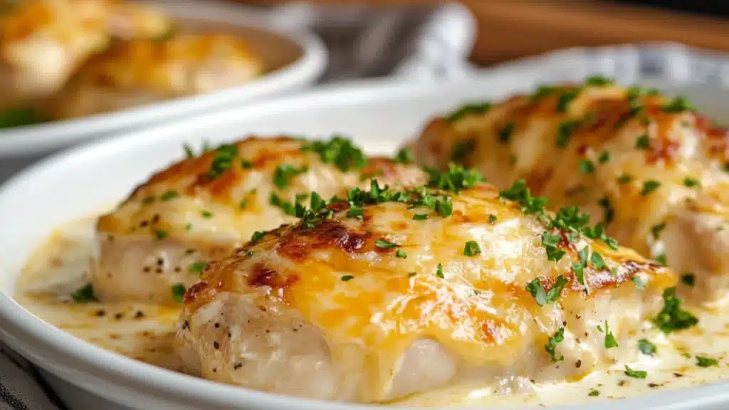 a casserole dish with cheese and parsley on top
