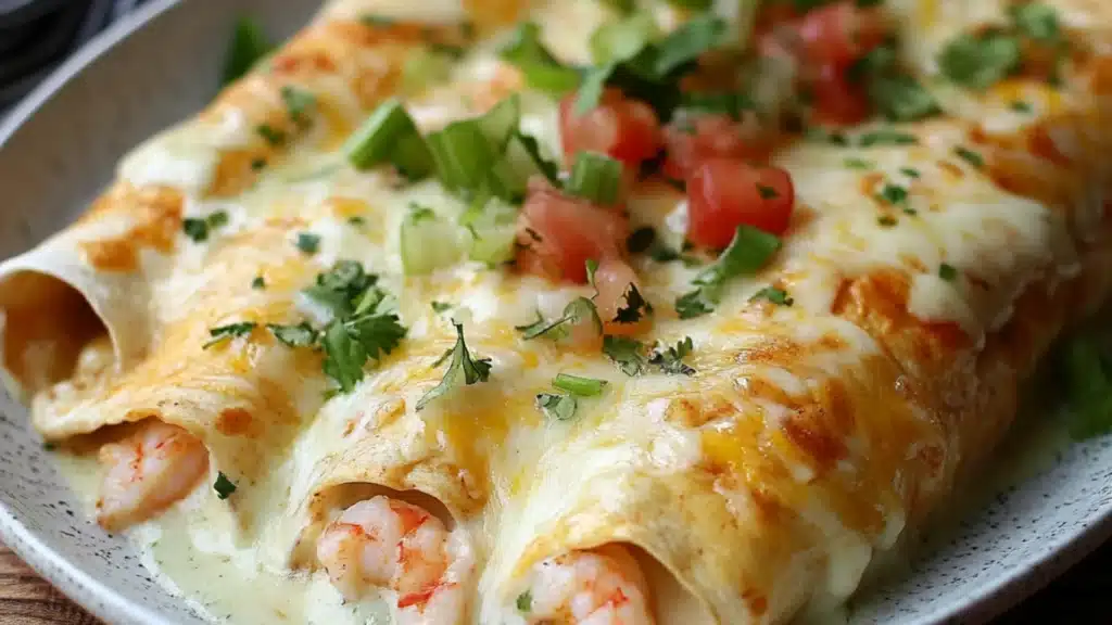 creamy shrimp enchiladas in a white casserole dish with text overlay