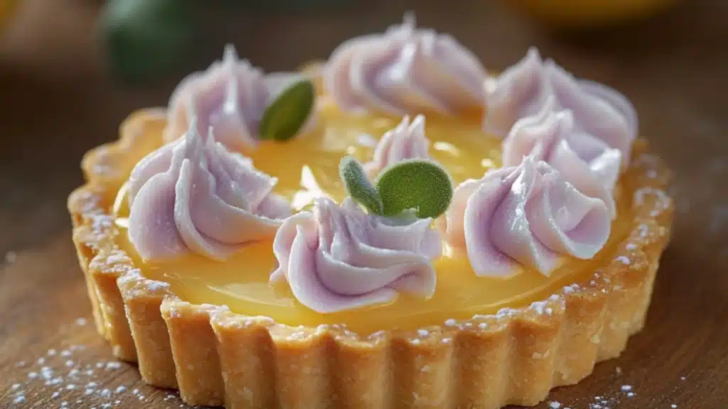 A close-up of mini lemon tarts with lilac-colored meringue swirls