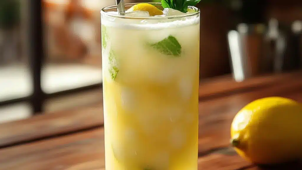 a close up of a drink in a glass with limes around it