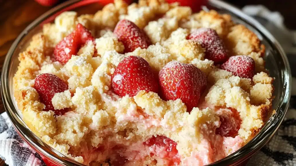 four different types of desserts in plastic containers with the words, 4 ingredient strawberry cheesecake dump cake